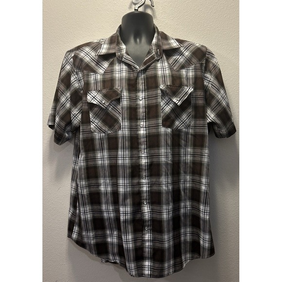 Vintage Ely Cattleman Shirt Mens XLT Pearl Snap Plaid Brown White Short Sleeve‎ - Picture 1 of 4